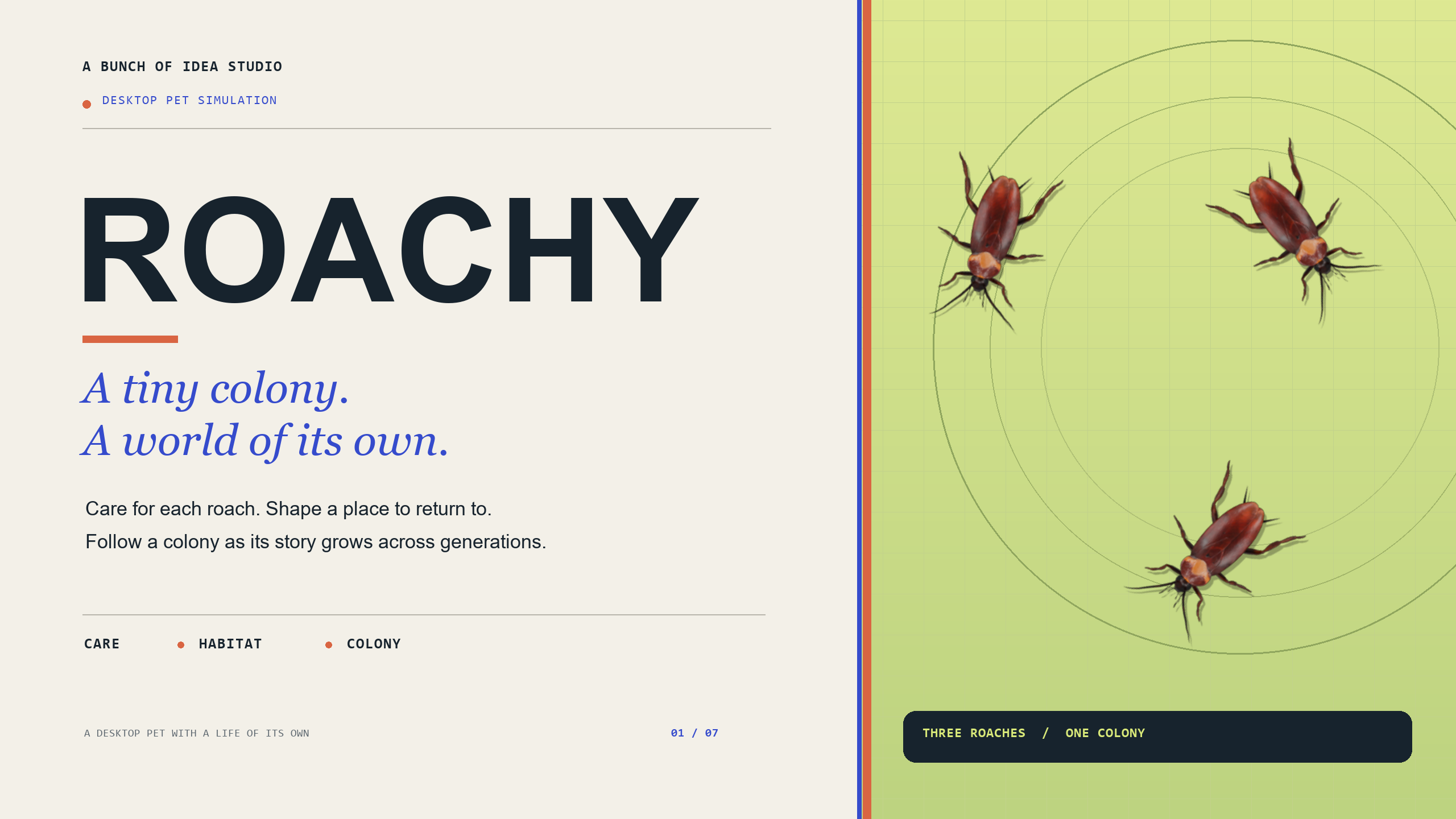 Roachy source-derived key art showing three cockroach characters from the original project