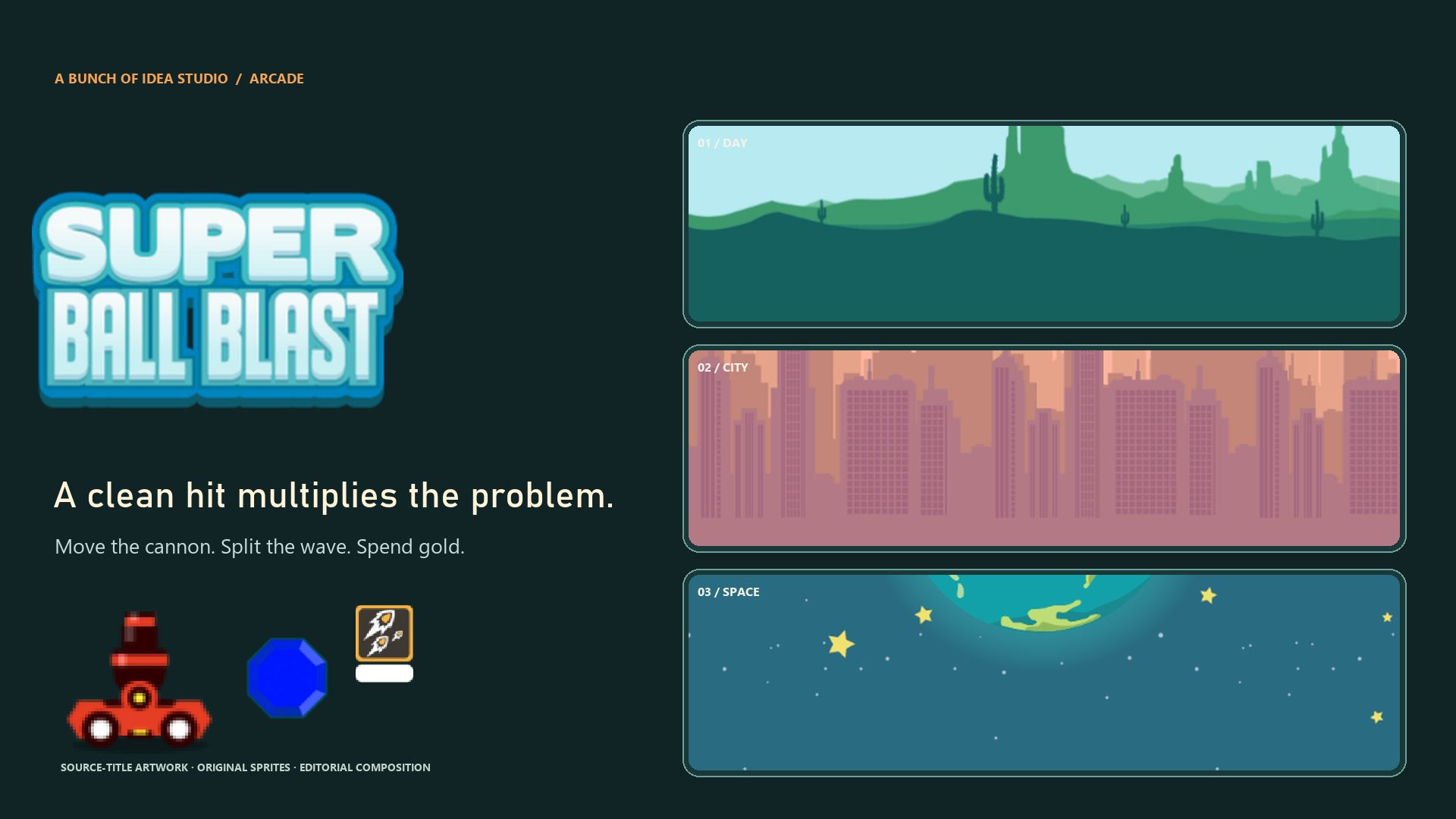 Super Ball Blast source title mark, cannon sprites and three original game environments arranged as editorial key art